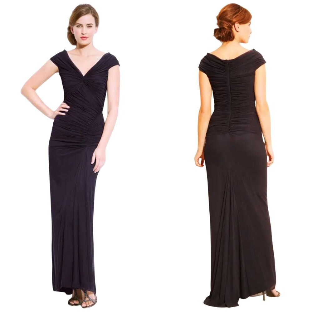 Tadashi Shoji black Twist Front Ruched Mermaid Dress XL off shoulder maxi